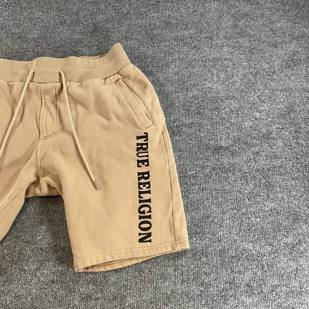 True Religion Mens Sweat Shorts Medium Beige Logo Drawstring Fleece Lounge M